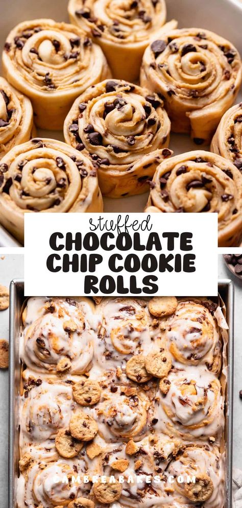 These chocolate chip cookie rolls are classic bakery-style cinnamon rolls stuffed with chocolate chip cookie dough! After baking, they're oozing with gooey chocolate and topped with a creamy vanilla bean glaze. Bakery Style Baked Goods, Chocolate Chip Rolls, Cookie Stuffed Cinnamon Rolls, Cookie Cinnamon Rolls Recipe, Cinnamon Roll Filling Ideas, Brownie Cinnamon Rolls, Chocolate Chip Cookie Cinnamon Rolls, Cookie Dough Cinnamon Rolls, Different Kinds Of Cinnamon Rolls