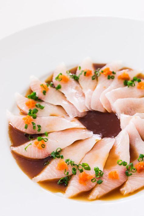 What’s the difference between Kanpachi, Hamachi and Yellowtail? Learn more on the PBS website! | recipe for Kanpachi Sashimi with Spicy Ponzu Sushi Recipes No Rice, Kampachi Recipes, Fresh Tasting Recipes, Kanpachi Sashimi, Ponzu Recipe, Raw Fish Recipes, Sashimi Recipe, Ponzu Sauce, Recipe Japanese