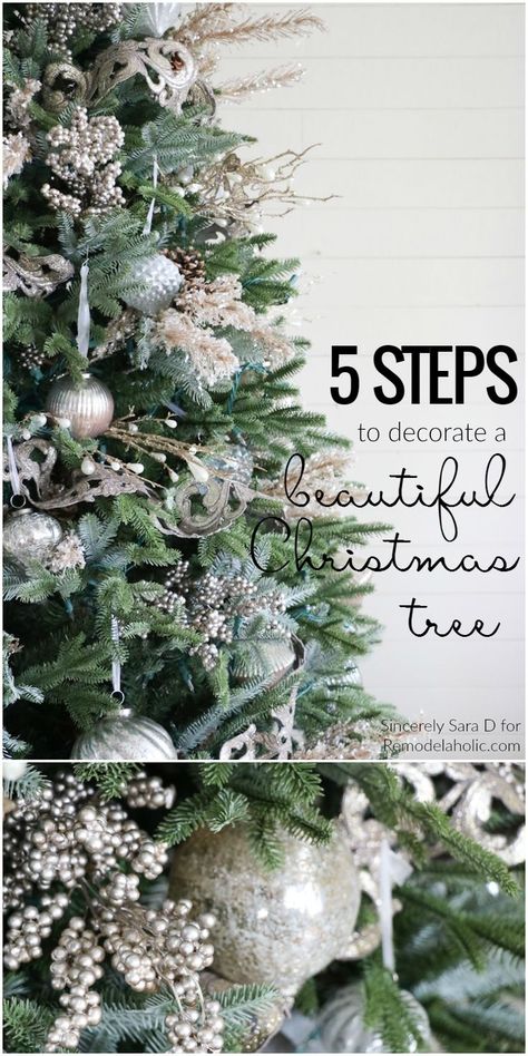 How to Decorate a Christmas Tree, in Just FIVE Steps! A beautiful well-decorated Christmas tree might look daunting, but this 5-step process will help you make it catalog-worthy, whether your style is more sparkly glam or more cottage rustic. Details from Decorate A Christmas Tree, Cottage Rustic, Silver Christmas Decorations, Farmhouse Christmas Tree, Christmas Tree Decorations Diy, Gold Christmas Decorations, Christmas Tree Inspiration, Ribbon On Christmas Tree, White Christmas Decor