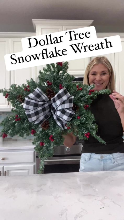 Laura Jeanne | Another Dollar Tree hack using mini Christmas trees 🎄 How pretty and simple is this snowflake wreath?!! 🥰 With the exception of the... | Instagram Star Christmas Wreath, Decorate Wreaths For Christmas, Dollar Tree Wire Star Wreath Ideas, Diy Cabinet Wreath, Pool Noodle Wreath Christmas, Dollar Tree Garland Ideas, Window Christmas Decor Ideas Diy, Indoor Christmas Wreath Ideas, Dollar Tree Diy Christmas Decorations