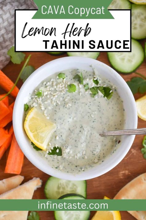 Cava Tahini Dressing, Cava Lemon Herb Tahini Dressing, Copycat Cava Yogurt Dill Dressing, Cava Copycat Sauces, Cava Sauces, Lemon Herb Tahini Dressing Cava, Cava Dressing Recipe, Copycat Cava Recipes, Copycat Cava Bowl