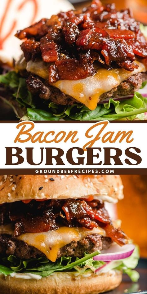 You're going to love this easy dinner idea! Loaded with bacon onion jam, these hamburgers will delight you with a new texture and flavor. You won't be disappointed in this meat main dish! Save this bacon jam burger recipe! Burgers With Bacon Jam, Burger With Bacon Jam, Bacon Jam Burger Recipes, Bacon Onion Jam Burgers, Bacon Smash Burger, Bacon Jam Recipe For Burgers, Cheese Curd Burger, Different Hamburger Ideas, Gourmet Smash Burger