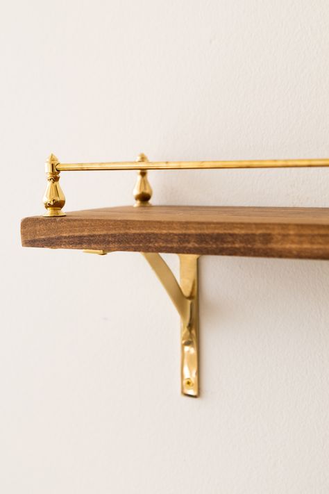 Wood Shelf With Wood Bracket, Wall Shelf Bracket, Wall Shelf With Gold Brackets, Brass Shelf Brackets Kitchen, Open Shelving Brass Brackets, Kitchen Shelves Brass Brackets, Vintage Shelf Brackets, Floating Shelves Brass Rail, Gold Brackets For Shelves