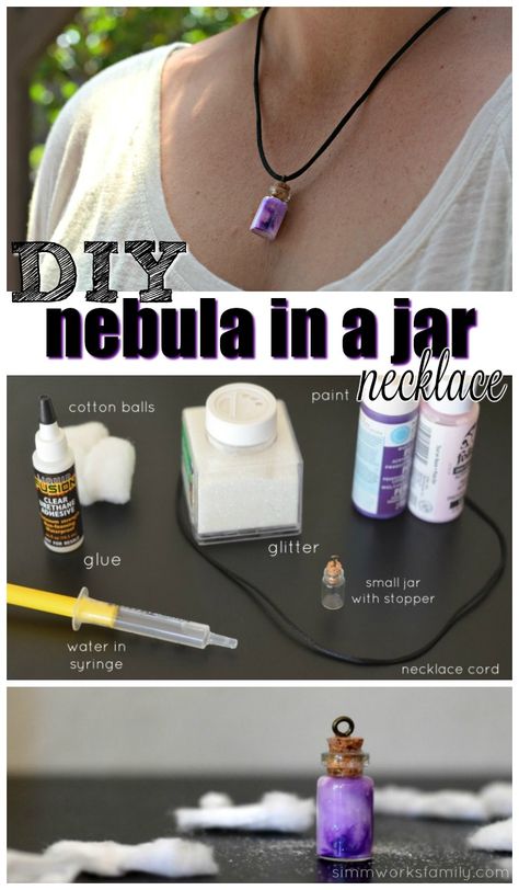 This DIY nebula in a jar necklace tutorial is a fun and easy way to get your daughter involved in STEM based crafts. via @acraftyspoonful Galaxy Crafts, Jar Necklace, Bottle Charms, Power Armor, Necklace Tutorial, Bottle Necklace, Wine Bottle Crafts, Mason Jar Diy, Mini Bottles