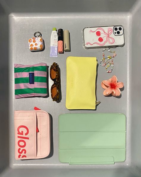 some new york moments 🍎🍸🥯 Makeup Bag Glossier, Baggu Pouch, Security Aesthetic, Tray Aesthetic, Glossier Lip, Digital Content Creator, Glossier Lip Gloss, Airport Security, Carry On Bag