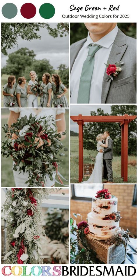 Sage green and red for outdoor wedding colors 2025, sage green bridesmaid dresses, white bridal gown, red flowers and sage greenery of bouquets and ceremony arch, light grey groom suit sage green tie and red flower boutonniere, white wedding cake with red flowers and sage greenery décor. #weddingcolors #weddingideas #beachweddings #colsbm #2025 #bridesmaiddresses #sagewedding #sagegreenwedding #greenweddings #sagegreenandred Red And Green Summer Wedding, Sage And Maroon Wedding, Dark Red And Green Wedding, Sage Green And Red Wedding, Red And Sage Green Wedding, Burgundy And Sage Green Wedding, Green Red Wedding, Red Green Wedding, Red And Green Wedding