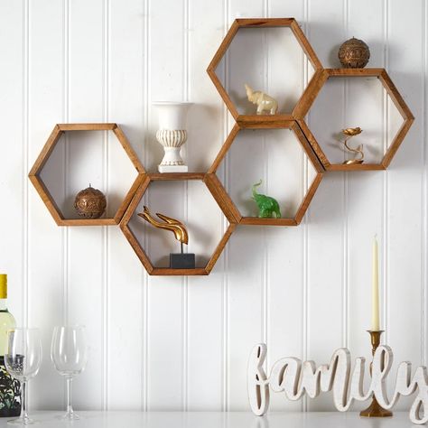 Wayfair | Hexagon Wall & Display Shelves You'll Love in 2022 Honeycomb Wood Accent Wall, Office Hexagon Shelves, Honeycomb Shelves Bedroom, Hexagonal Wall Shelves, Wood Hexagon Shelves, Bee Themed Bathroom Ideas, Bee Room Decor, Honeycomb Shelf, Hexagon Wall Shelf