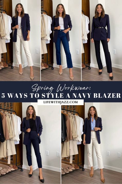 Styling a Navy Blazer for Spring [+VIDEO] - LIFE WITH JAZZ Blue Blazer Business Casual, Styling Navy Blazer Women, Blue Navy Blazer Outfits For Women, How To Wear A Blue Blazer, Outfits With Blue Blazers Women, Navy Blazer Styling, Outfit With Navy Blue Blazer, How To Style A Navy Blazer, Blue Blazer Outfits For Women Work