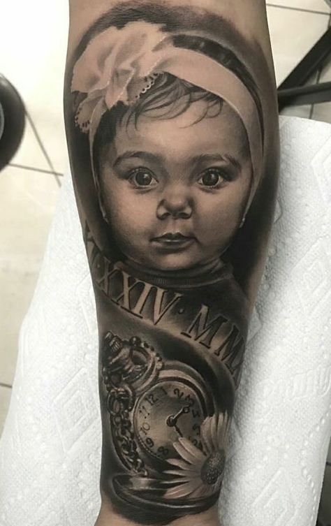 Son Portrait Tattoo Ideas, Portrait Memorial Tattoo Ideas, Half Sleeve Portrait Tattoo, Calf Portrait Tattoo, Mom And Daughter Portrait Tattoo, Face Portrait Tattoo Sleeve, Daughter Portrait Tattoo Ideas, Portrait Tattoo On Leg, Memorial Portraits Tattoos