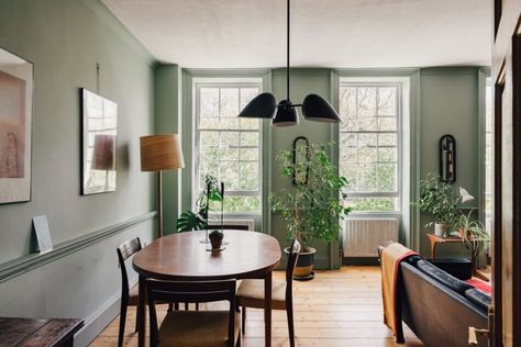 Farmhouse Townhouse, York Stone, Cast Iron Bath, Townhouse Interior, Paint And Paper Library, Mid Century Aesthetic, Wooden Floorboards, London Interior, Mid Century Sofa