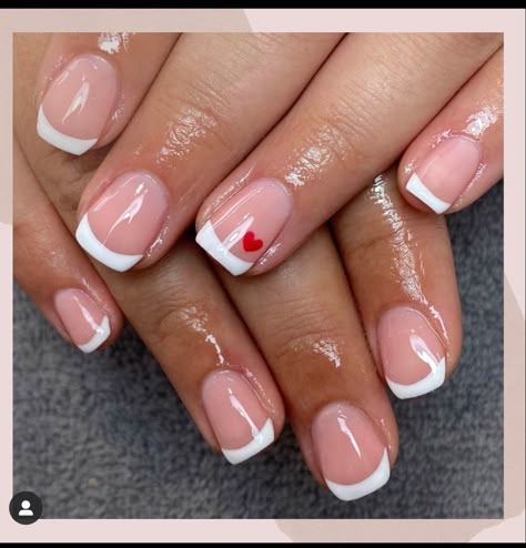 Red French Valentines Day Nails, White French Valentines Nails, White Tip Valentines Day Nails, Valentines Nail French Tips, Short Acrylic Nails February, Valentines Nails Designs French Tips, French Manicure Valentines Day Nails, White French Tip Valentines Day Nails, Valentines Day Manicure Ideas