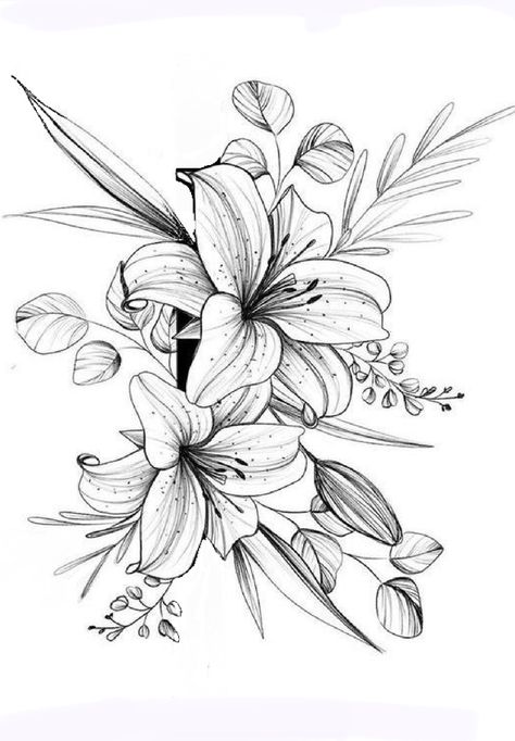 Tattoos With Lilies, Tiger Lily Drawing Tattoo Ideas, African Lily Tattoo, Star Gazer Lilly Tattoos, Lily Flower Tattoos Shoulder, Lily Floral Tattoo, Lily Drawing Tattoo, Sternum Floral Tattoo, Lilies Tattoo Design