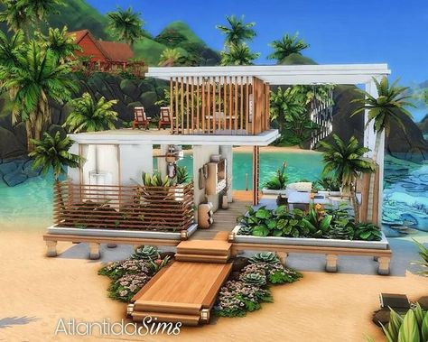 Big Beach House Layout, Modern Sulani House Sims 4, Sims Tropical House, Sims 4 Sulani House Ideas, Tropical House Sims 4, Sims 4 Houses Beach, Sims 4 Ocean House, Island House Sims 4, Sims4 Sulani House