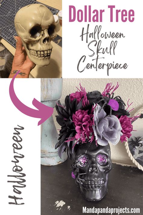 No Halloween decorations are complete without a beautiful centerpiece to steal the show! This DIY Dollar Tree Skull Centerpiece is just the perfect amount of spooky, glam, and gorgeous and can be made on a budget too! #DIYhalloweendecor #skull #dollartreediy Spooky Table Decor Diy, Diy Goth Centerpieces, Dollar Tree Halloween Centerpiece Ideas, Halloween Centerpiece Decorations, Dollar Tree Foam Skull Crafts, Adams Family Centerpieces, Diy Halloween Vase Ideas, Diy Halloween Candelabra Centerpiece, Dollar Store Halloween Centerpieces