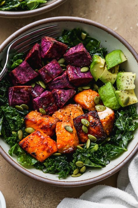 Kale Salad With Salmon Bites | Walder Wellness, RD Salmon Kale Bowl, Hot Honey Salmon Bites, Honey Salmon Bites, Hot Honey Salmon, Walder Wellness, Sweet Potato Cubes, Salad With Salmon, Kale Feta, Roasted Sweet Potato Cubes