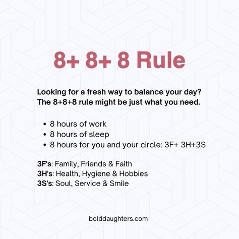 Some productivity gurus recommend adopting an 8+8+8 rule to manage your day. ✅8 hours of work ✅8 hours of sleep ✅8 hours for you and your circle  You'll typically divide these last 8 hours like this:  ✅3F's: Family, Friends & Faith ✅3H's: Health, Hygiene & Hobbies ✅3S's: Soul, Service & Smile  Do you think that this rule is realistic for most working women? 3 2 1 Rule, 8 8 8 Rule, 8 Hours Of Sleep, Health Hygiene, Working Women, Design Posters, 2025 Vision, Success Mindset, Working Woman