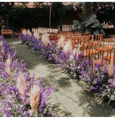 Purple Wedding Isles Decoration, Lavender Wedding Ceremony Decor, Tangled Wedding Theme Color Schemes, Lavender Fairy Wedding, Pink And Purple Wedding Aesthetic, Purple Wedding Ceremony Decorations, Lavender Aisle Decor, Purple Fairy Wedding Theme, Lavender And Copper Wedding