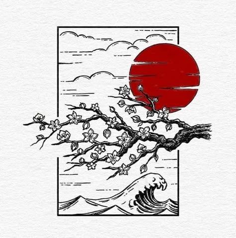 Japanese Geometric Art, Japan Line Art, Easy Japanese Drawings, Japanese Artwork Tattoo, Japanese Simple Tattoo, Japanese Aesthetic Tattoo, Japanese Landscape Tattoo, Japanese Art Simple, Japanese Anime Tattoo