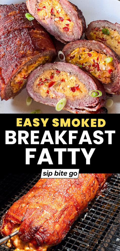 Traeger Smoked Breakfast Fatty Recipe Fatty On The Smoker, Smoked Breakfast Fatty, Breakfast Fatty Smoked, Breakfast Smoker Recipes, Sunday Smoker Ideas, Smoked Eggs In Smoker, Smoked Breakfast Recipes, Smoked Fatty Recipes, Smoked Fatty