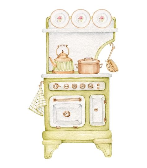 Watercolor Kitchen, Vintage Oven, Posters Diy, Vintage Stoves, Protest Posters, Stove Oven, Diy Book, Cute Illustration, Vintage Kitchen