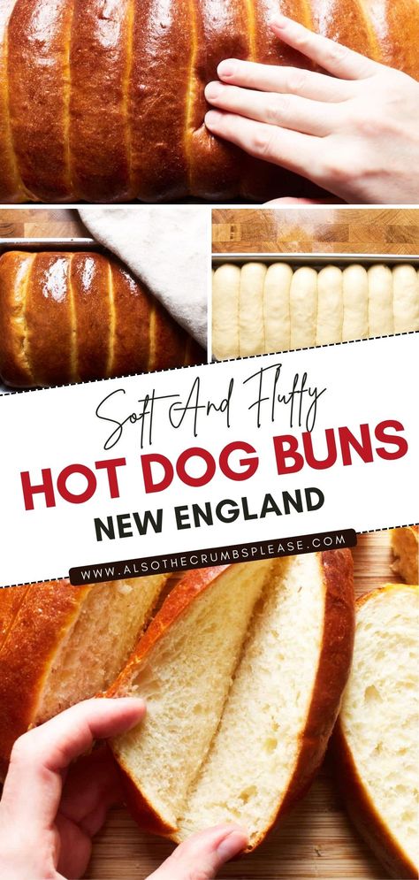 New England hot dog buns are the East Coast's contribution to serving some of your favorite hot dogs, Maine lobster rolls, or Connecticut lobster rolls in a delicious and unique way. They have a delicate texture and an airy, fluffy center that will make you drool with anticipation as soon as they come out of the oven. Light And Fluffy Hot Dog Buns, Diy Hot Dog Buns, Hot Dog Buns Bread Machine, Brioche Hot Dog Buns Recipe, New England Hot Dog Buns Recipe, Pretzel Hot Dog Buns, Soft Hot Dog Buns, Hot Dog Bun Recipe, Gluten Free Hot Dogs