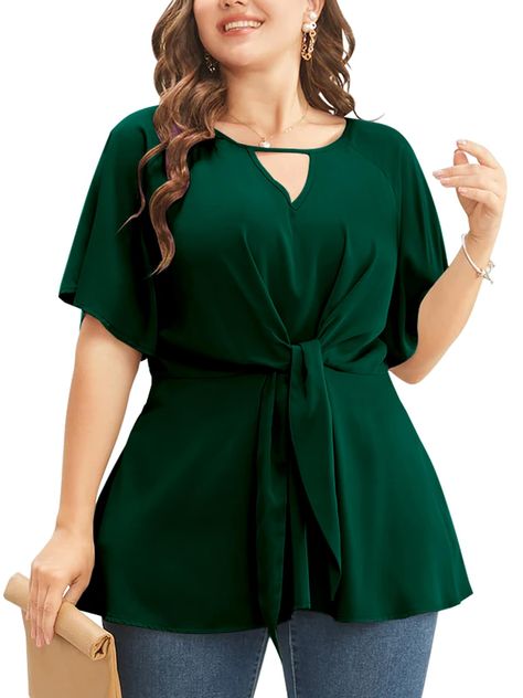 PRICES MAY VARY. Material: Made from high-quality fabric, 100% polyester. Plus size blouse for women is soft and comfortable, lightweight and breathable, sweat wicking, keep you cool in the hot summer Designed specifically for plus-size women. V neck with a keyhole detail adds a touch of feminine. The waist of this blouse is adjustable tie, works really well for big bust/small waist. The ruffled hem hiding your belly Easy to Match: Womens plus size peplum tops is easy to pair it with jeans, legg Plus Size Fashion For Women Shein, Clothes For Short Women Body Types, Outfits For Large Bust Small Waist, Plus Size Fall Fashion Apron Belly, How To Hide Apron Belly, Plus Size Big Stomach Outfit, Plus Size Fashion For Women With Belly, Blouses For Plus Size Women, Apron Belly Outfits