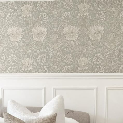 Cosy Living Room Panelling, Panelled Wall With Wallpaper, Spare Bedroom Ideas Wallpaper, Panelling With Wallpaper Above, Green Panelling And Wallpaper, Tall Panelling, Half Panelling Half Wallpaper, Panelled Snug Room, Panel And Wallpaper Bedroom