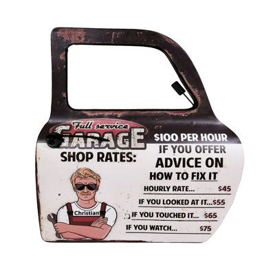 Add some character to your garage with this vintage style "Full Service Garage" sign. | Trinx Full Service Garage Car Door Sign black/Brown/gray 18.0 x 16.5 x 1.5 in, Metal | Home Decor | C010546380 | Wayfair Canada Funny Headlines, Car Parts Decor, Garage Car, Old Garage, Sign Painting, Garage Signs, Garage Art, Accent Wall Decor, Wall D