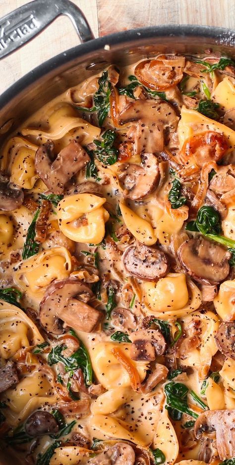 Creamy Spinach Mushroom Tortellini with Caramelized Onions is an Italian pasta dish packed with veggies. This easy and delicious meatless recipe is a perfect weeknight dinner! Spinach Mushroom Tortellini, Mushroom Tortellini, Farfalle Recipes, Spinach And Mushroom, Spinach Mushroom, Tortellini Recipes, Italian Pasta Dishes, Meatless Dinner, Meatless Recipes