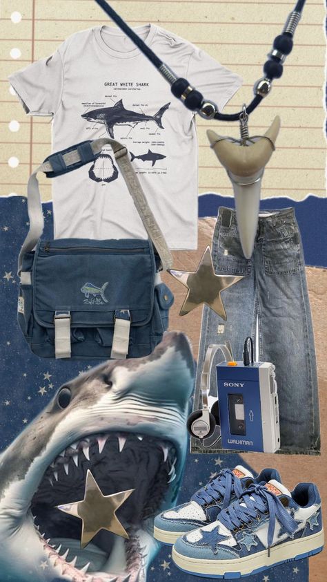 #shark #outfit #ideas #autistic #viral #fyp Shark Bite Pants, Shark Outfit Ideas, Ocean Clothing Aesthetic, Shark Themed Outfit, Shark Core Outfits, Fishcore Outfit, Shark Inspired Outfit, Whale Shark Outfit, Sharkcore Outfits