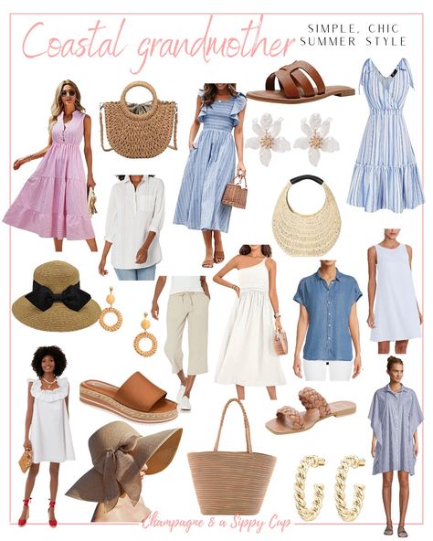 Collage of blue, pink, and white styles in a coastal grandmother trending style Coastal Grandma Spring Outfits, Grandmillennial Style Clothing, Cottage Grandma Outfit, Nantucket Womens Style, Mid Size Coastal Grandma, Costal Mom Aesthetic, Coastal Gramma Outfits, Coastal Grandma Dress, Coastal Grand Mother Outfits