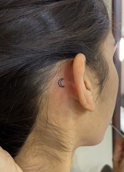 Behind The Ear Tattoo Ideas Moon, Small Moon Tattoo Behind Ear, Behind The Ear Moon Tattoo, Fine Line Behind Ear Tattoo, Behind Ear Tattoo Moon, Moon Tattoo Ear, Crescent Moon Tattoo Behind Ear, Ear Tattoo Moon, Moon Ear Tattoo