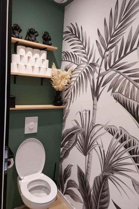 Toilet Room Renovation, Toilet Room Ideas With Cabinet, Bohemian Half Bath, Toilet Room With Storage, Faux Plants In Bathroom, Salon Toilet Ideas, Toilet Room Wallpaper, Wc Jungle, Guest Bathroom Ideas Decor