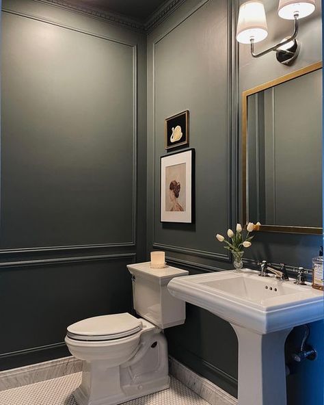 Knoxville Gray, Green Powder Room, Moody Powder Room, Powder Room Paint, Bathroom Mirror Design, Nerf Darts, Dentil Moulding, Sophisticated Bathroom, Powder Room Design