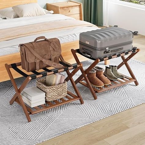 Amazon.com: Smuxee Fully Assembled Walnut Luggage Racks Pack of 2, Upgraded Bamboo Foldable Suitcase Stand with 5 Nylon Straps, Luggage Holder with Shelf for Guest Room Bedroom Hotel : Home & Kitchen Suitcase Shelves, Suitcase Stand, Luggage Racks, Clothes Making, Garage Storage Cabinets, Luggage Rack, Bedroom Hotel, Under Bed, Custom Cabinetry