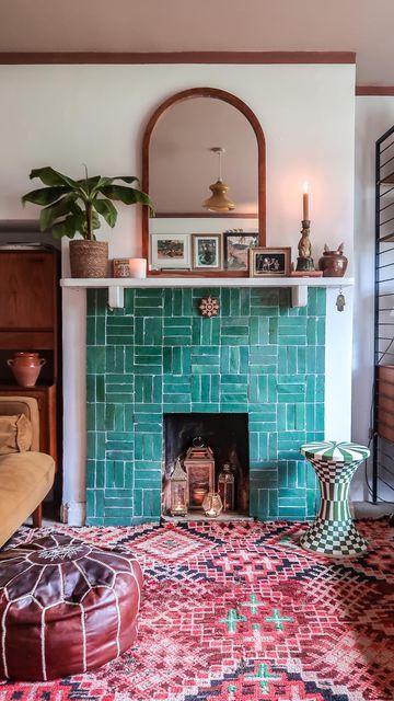 Hayley Stuart - DIY & INTERIORS on Instagram: "{ad} Fireplace makeover reveal with @worxuk 🔨 . This DIY project is something I have thought about doing for a while now and let me tell you, I’m so happy I did! It is also 100% reversible with very minimal wall damage, so it can revert straight back to its original brick at any time. I must also mention, it is not a working fireplace due to years of birds nest build up, so there is no fire risk. I made a backing board out of plywood and then seale Colorful Faux Fireplace, Colorful Tile Fireplace Surround, Spanish Tiled Fireplace, Removed Fireplace Ideas, Tile Faux Fireplace, Vintage Tile Fireplace Surround, Tile In Fireplace, Checkered Fireplace Hearth, 1920s Fireplace Tile