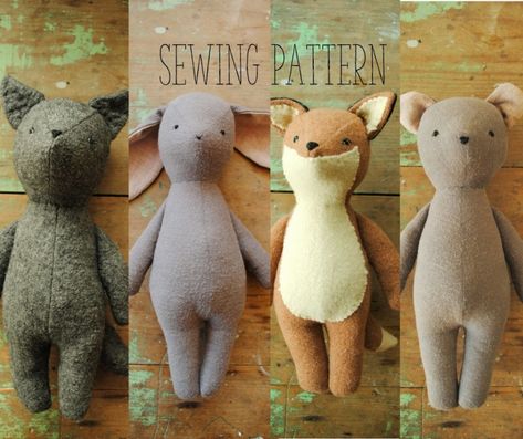 Simple soft toy tutorials (digital) with templates for making vintage style sewn plushies / softies for children or babies, designed by Margeaux Davis of Willowynn. Free sewing pattern for embroidered Christmas ornaments. Learn to sew; fox, bear, bunny rabbit, wolf, moth, butterfly, whale, platypus. Woodland, storybook, nature, forest creatures, fairytale... Syprosjekter For Nybegynnere, Bear And Wolf, Wolf Stuffed Animal, Embroidered Christmas Ornaments, Diy Bebe, Sewing Stuffed Animals, Beginner Sewing Projects Easy, Doll Sewing Patterns, Platypus