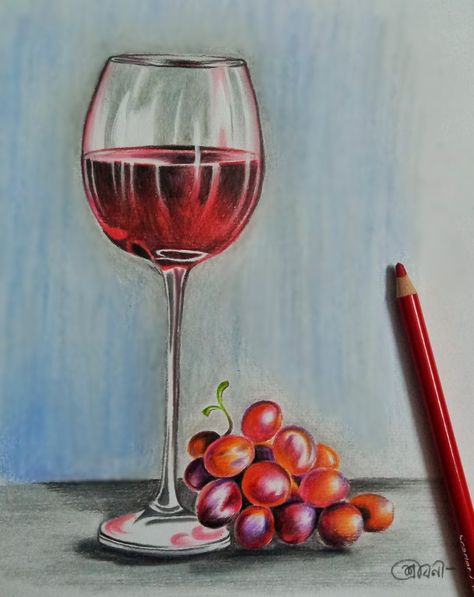 Wine Glass Oil Pastel, Pencil Color Still Life Drawing, Still Life With Pencil Colours, Art Ideas Drawing Color Pencil Easy, Object Drawing Colour Pencil Shading, Still Life Drawing With Pencil Colour, Colour Pencil Still Life Drawings, Still Life Drawing Colour Easy, Oil Pastel Object Drawing