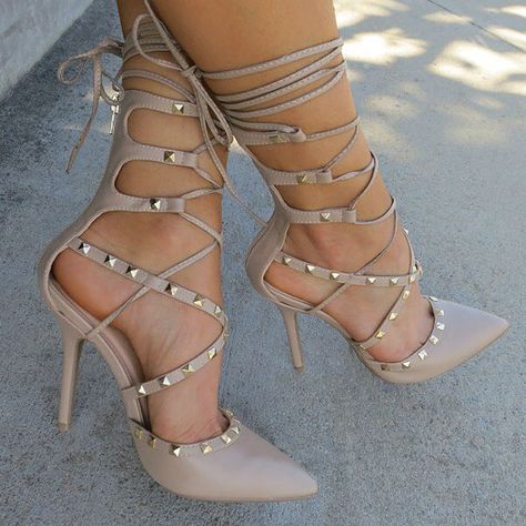 Obsessed with the Studded Heels High Heels Classy, Strappy Shoes, Heels Classy, Pumps Heels Stilettos, Platform High Heels, Hot Shoes, Ladies Shoes, Nude Heels, Lace Up Heels