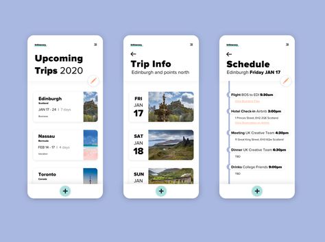 Travel and Itinerary App Concept by Rachel Bater Itinerary Design Layout, Trip Itinerary Design, Itinerary Graphic Design, Itenary Travel, Itenary Design, Road Trip Design, Travel Apps Design, Travel Itinerary Design, Travel App Ui Design