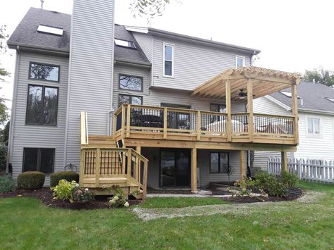 2nd Story Covered Deck Ideas, Deck Overlooking Pool, Second Story Deck Design, Deck With Pergola Attached To House, Deck Extension, Deck And Pergola, Decks Ideas, Wood Deck Designs, Elevated Deck