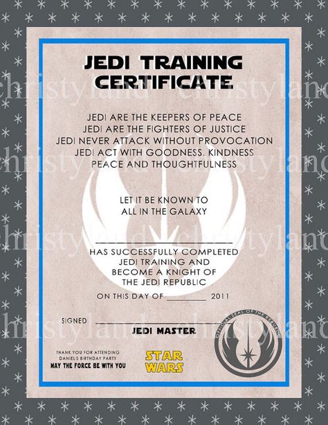 Lego Star Wars Party, Yoda Party, Star Wars Classroom, Jedi Training, Star Wars Crafts, Training Certificate, Star Wars Birthday Party, Birthday Star, Star Wars Day