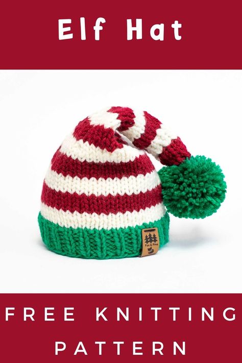 Christmas Elf Stocking Cap Hat Free Knitting Pattern Baby Hats Knitting Free, Hat Free Knitting Pattern, Christmas Knitting Projects, Santa Hat Pattern, Christmas Knitting Patterns Free, Elf Stocking, Beanie Knitting Patterns Free, Beanie Knitting, Baby Hat Knitting Pattern