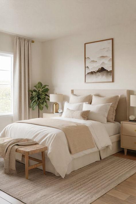 A cozy beige guest bedroom with white and beige bed linens, a wooden bench at the end of the bed, and a neutral colored mountain painting. Plain Guest Bedroom, Guest Room Hospitality Ideas, Southern Guest Bedroom, Guest Room Designs, Small Guest Room Decor Ideas, Guest Room Twin Bed, Guest Room Furniture Ideas, Accessible Beige Bedroom, Simple Guest Room Ideas