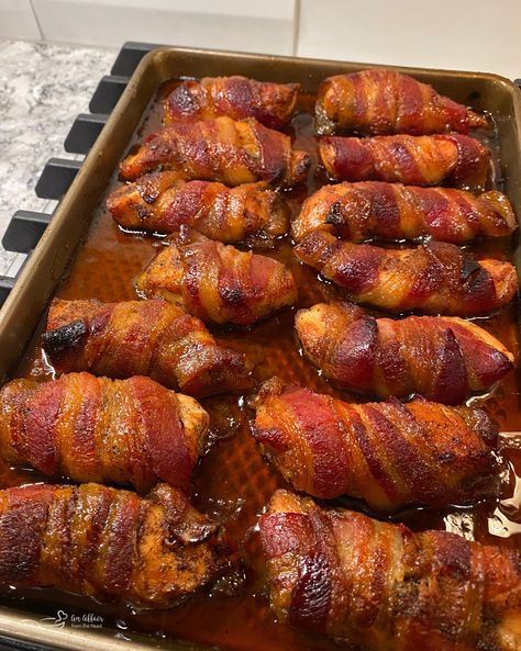 This easy Sweet & Spicy Bacon Chicken recipe will have your family begging for more -- slightly spicy, sweet chicken wrapped in bacon and baked or grilled up in about 30 minutes. Bacon Wrapped Chicken On The Grill, Grilled Chicken Wrapped In Bacon, Sweet And Spicy Bacon Wrapped Chicken, Chicken Wrapped In Bacon Appetizers, Keto Bacon Wrapped Chicken Tenders, Bacon Wrapped Chicken Wings, Bacon Wrapped Turkey Tenderloin, Bacon Wrapped Chicken Tenderloins, Chicken Wrapped In Bacon Recipe