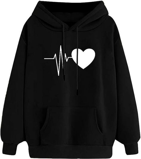 Loose Fit Hoodies For Women 2023 Fall Fashion Sweatshirt Tops Casual Long Sleeve Hooded Blouse Heart Print Pullover Womens Sweatshirts Hoods, Comfortable Tops, Women Hoodies Sweatshirts, Short En Jean, Drawstring Hoodie, Look Plus, Print Pullover, Hooded Pullover, Casual Pullover