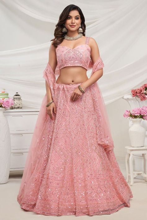 Coral Pink Embroidered Net Designer Lehenga Choli Bride Looks, Reception Bridal Dress, Lehenga Choli Wedding, Lehenga Gown, Bollywood Lehenga, Lehenga Style, Net Lehenga, Pink Lehenga, Lehenga Blouse