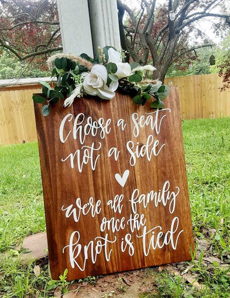 Open Seating Wedding Sign // Ceremony Seating Entrance Display // Choose a Seat Not a Side // Knot is Tied // Rustic Wedding Decor - Etsy Bench Seating Outdoor Wedding, Pick A Seat Not A Side Sign Rustic, Wooden Signs For Wedding, Rustic Fall Wedding Decor Diy, Wedding Open Seating Sign, Choose A Seat Not A Side Sign, Open Seating Wedding Sign, Pick A Seat Not A Side, Simple Wedding Ceremony Decor