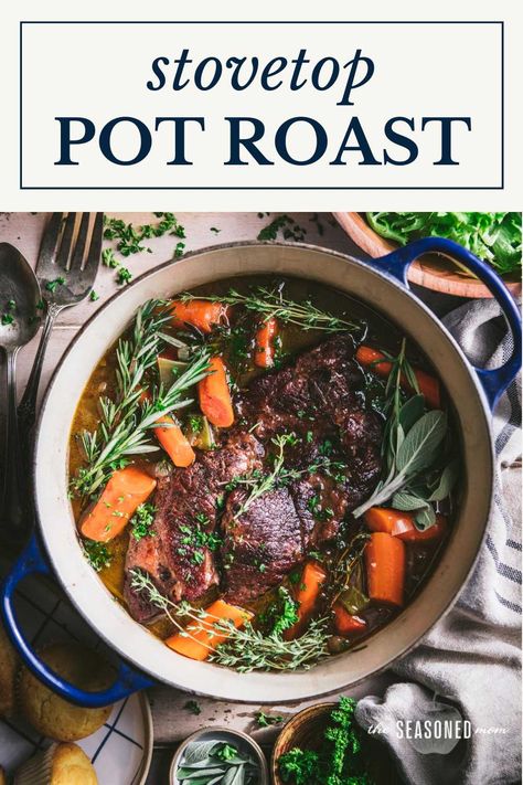 Tender and juicy, this stovetop pot roast and gravy transforms an affordable cut of meat into a delicious comfort food dinner. The beef slowly simmers in a Dutch oven with vegetables, herbs, and red wine for an easy, flavorful, and cozy meal! Stovetop Pot Roast, Pot Roast And Gravy, Roast In Dutch Oven, Roast And Gravy, Oven Roast Beef, Dutch Oven Pot Roast, Oven Pot Roast, Easy Comfort Food Dinners, Chuck Roast Recipes