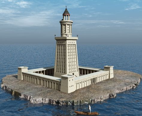 Lighthouse of Alexandria.  It was a tower built between 280 and 247 BC on the island of Pharos at Alexandria, Egypt. Its purpose was to guide sailors into the port of Alexandria. Alexandria Lighthouse, Lighthouse Of Alexandria, Ancient Alexandria, Lighthouse Pictures, Ancient Greek Architecture, Alexandria Egypt, Tower Building, Beautiful Lighthouse, Pyramids Of Giza